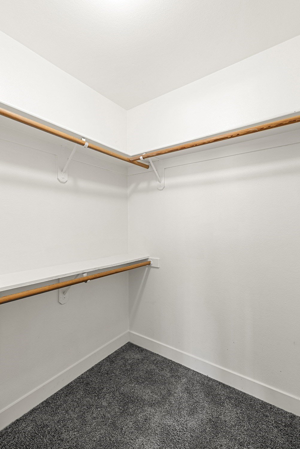 A white wall with a brown shelf and a grey carpet.