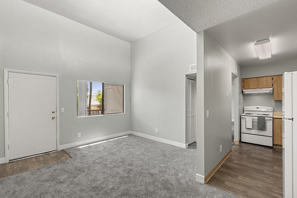 A spacious living area with a kitchenette in the back.