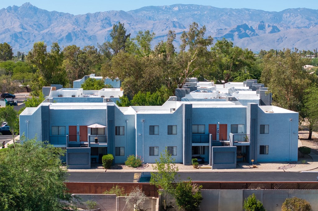 A large blue building with a mountain in the background.