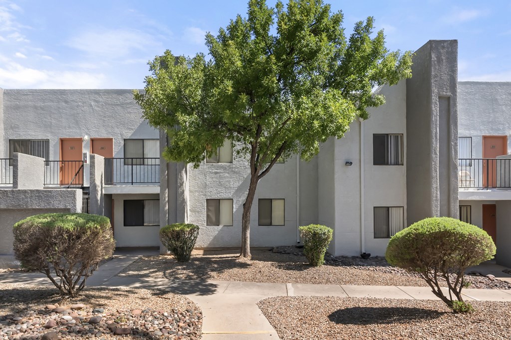 A tree in front of a building with orange doors.