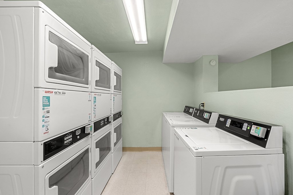 A row of white washing machines in a laundry room.