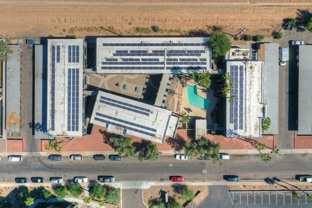Aerial Exterior and parking at Radius Apartments in Phoenix AZ Nov 2020