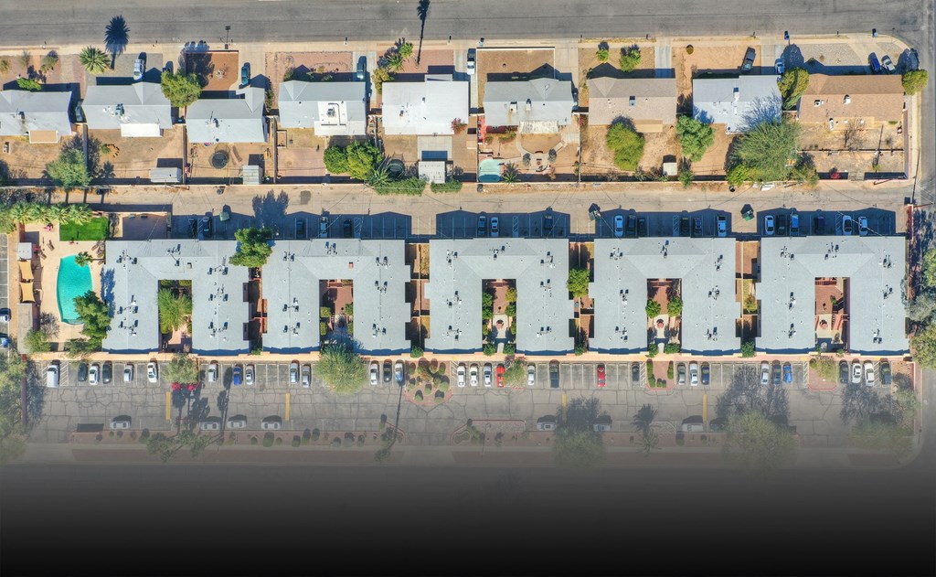 Aerial community view at San Simeon Apartments in Tucson AZ November 2020