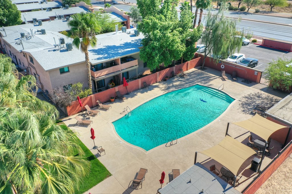 Aerial pool at San Simeon Apartments in Tucson AZ November 2020