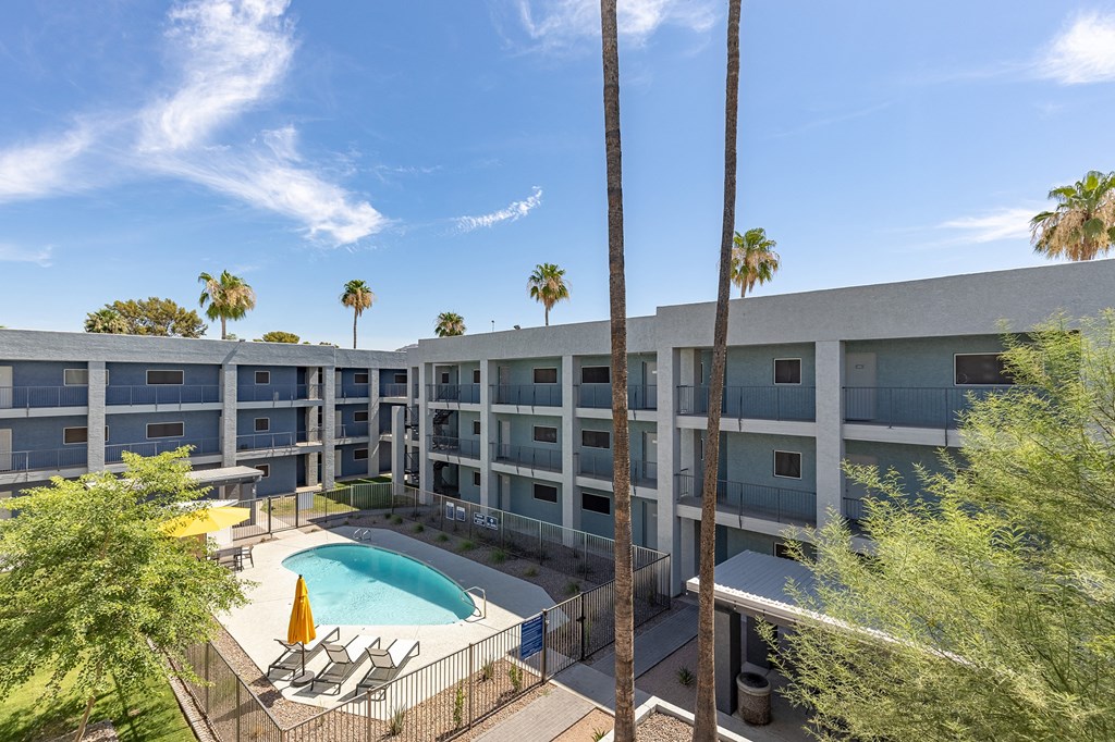 Aerial pool view at Arcadia Lofts in Phoenix AZ Nov 2020