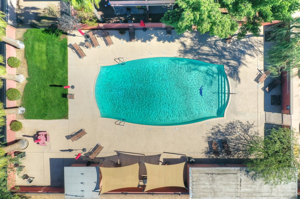 Aerial pool view at San Simeon Apartments in Tucson AZ November 2020