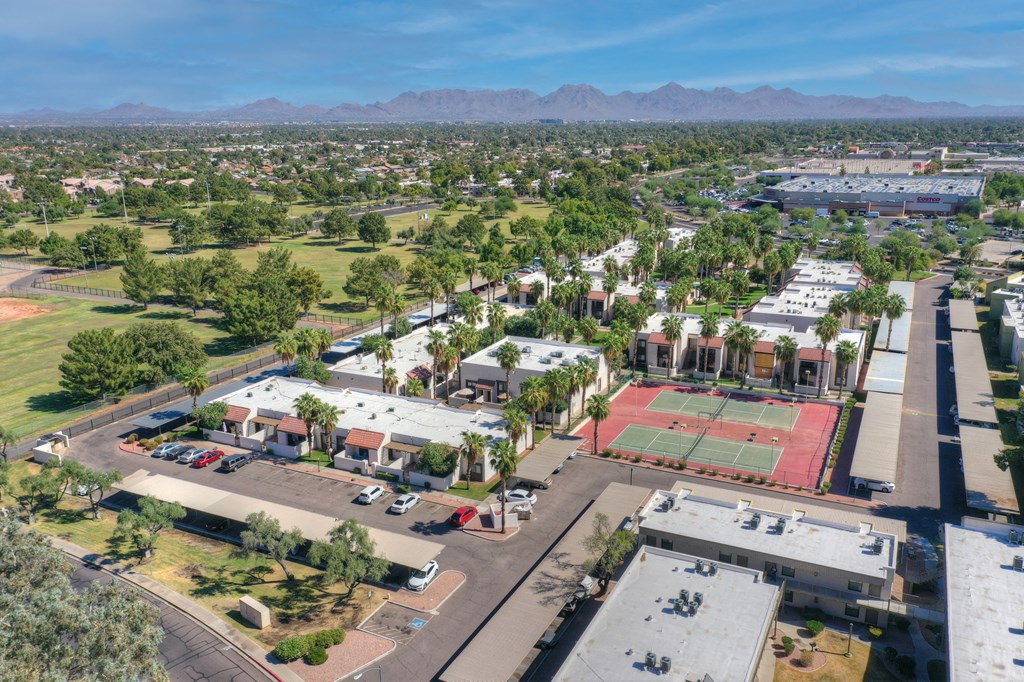 Aerial view at Townhomes on the Park Apartments in Phoenix AZ Nov 2020