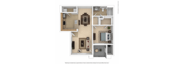 A floor plan of a house with a living room, kitchen, dining room, and bathroom.