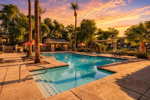 A pool surrounded by palm trees and a sunset sky.