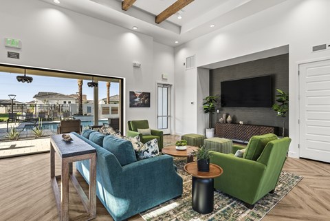 A modern living room with a view of the outside.