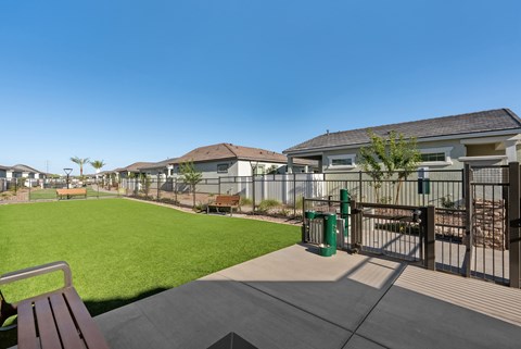 A park with a bench and a green trash can.