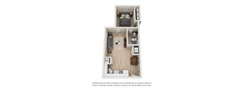 A floor plan of a small apartment with a kitchen, living room, and bedroom.