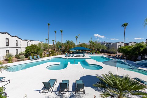 A swimming pool surrounded by palm trees and lounge chairs.