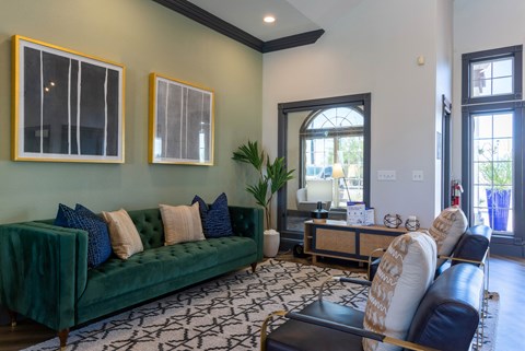 A living room with a green couch and a black and white patterned rug.