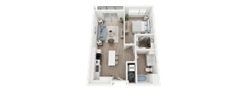 A top-down view of a small apartment layout with a living room, kitchen, and bathroom.