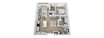 A top-down view of a small apartment layout with a living room, kitchen, and bedrooms.