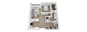 A top-down view of a small apartment layout with a bedroom, living room, and kitchen.