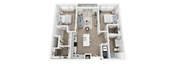A top-down view of a small apartment layout with a kitchen, living room, and bathroom.