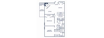 A blueprint of a house layout with labeled rooms.