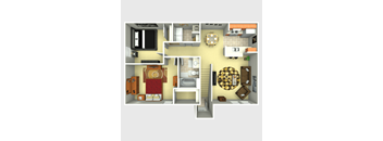 A 3D rendered image of a small apartment layout.