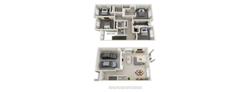 Grey tile throughout all common areas and dark grey carpet in bedrooms. White cabinets in the kitchen and bathrooms. The patio area is near the living room.