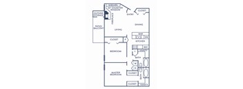 A floor plan of a house with labeled rooms and features.
