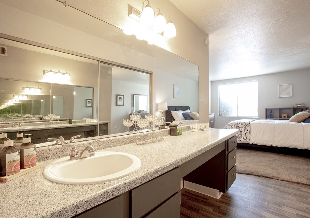 Bathroom sink and vanity at Villas Del Cielo Aprartments in Albuquerque New Mexico October 2020