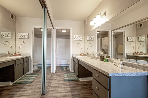 Bathroom vanity and closet at Villas Del Cielo Aprartments in Albuquerque New Mexico October 2020