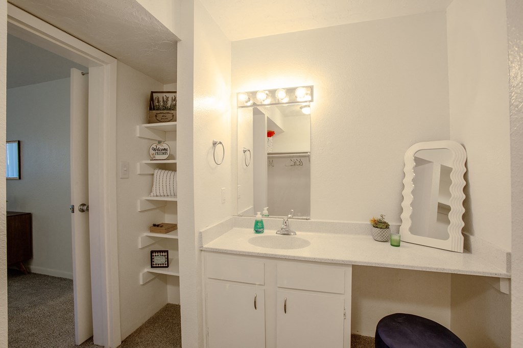Bathroom with Storage Space at The View at Catalina Apartments in Tucson Arizona