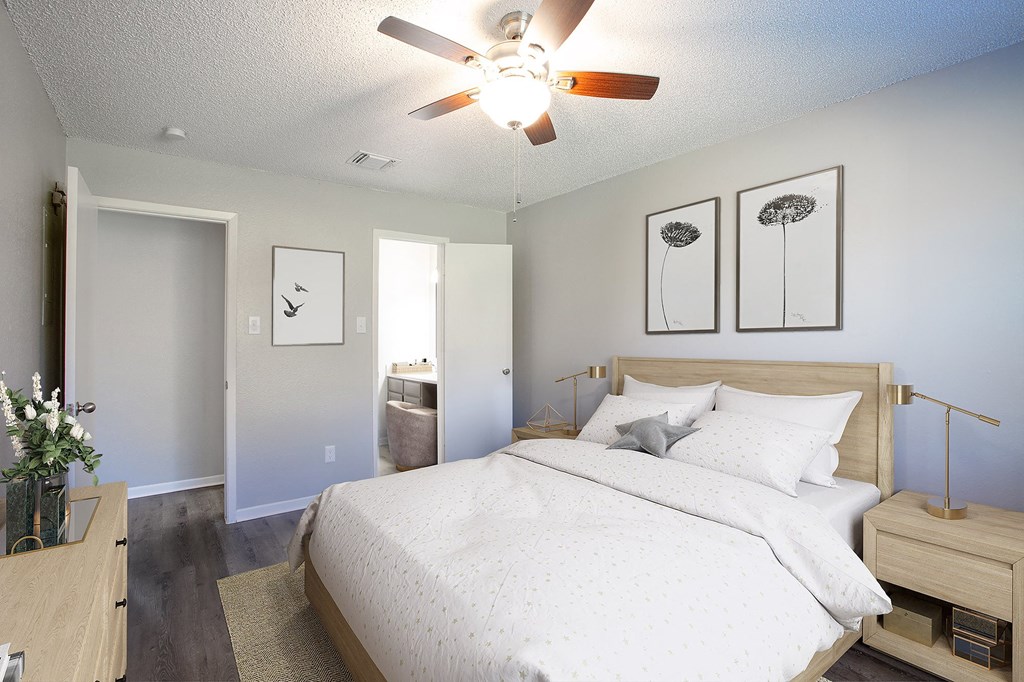 Bedroom with Bathroom at The Villas at Quail Creek Apartment Homes in Austin Texas