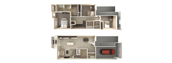 A 3D floor plan of a house with two bedrooms, a living room, a kitchen, and a garage.