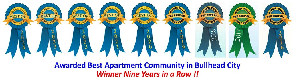 A series of ribbons indicating the awarding of the best apartment community in Bullhead City for nine consecutive years.