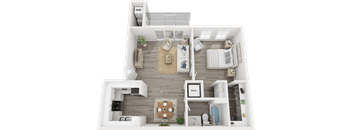 A 3D rendered image of a modern apartment layout.