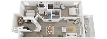 A top-down view of a well-furnished apartment with a kitchen, living room, and bedrooms.