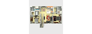 A 3D rendered image of a house layout.