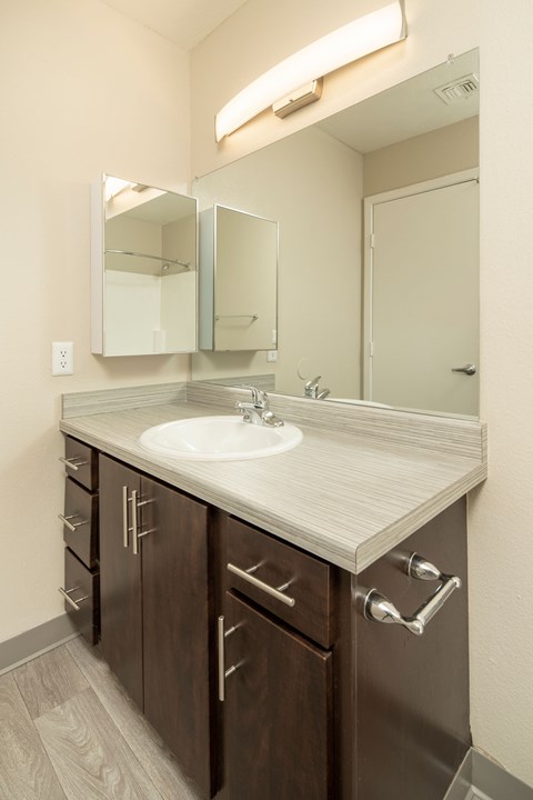 A bathroom with a sink, mirror, and wooden cabinets.