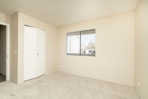 A room with a carpeted floor, a window with blinds, and a white door.