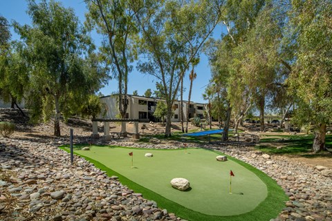 A miniature golf course with a red flag on the green.