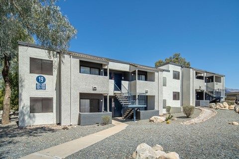 A building with a blue sign that says 10 on it.