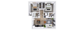 A top-down view of a modern apartment with a kitchen, living room, and bedroom.