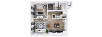 A top-down view of a modern apartment with a living room, kitchen, and bathroom.