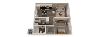 A top down view of a small apartment with a kitchen, living room, and bedroom.