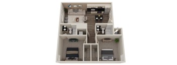 A 3D floor plan of a modern apartment with a kitchen, living room, and bedrooms.