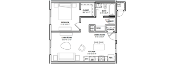 A floor plan of a small apartment with a living room, bedroom, kitchen, and bathroom.