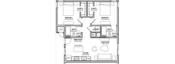 A floor plan of a house with two bedrooms, a living room, a dining room, a kitchen, a laundry room, and two closets.