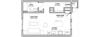 A floor plan of a small apartment with a living room, dining room, kitchen, bathroom, and laundry room.
