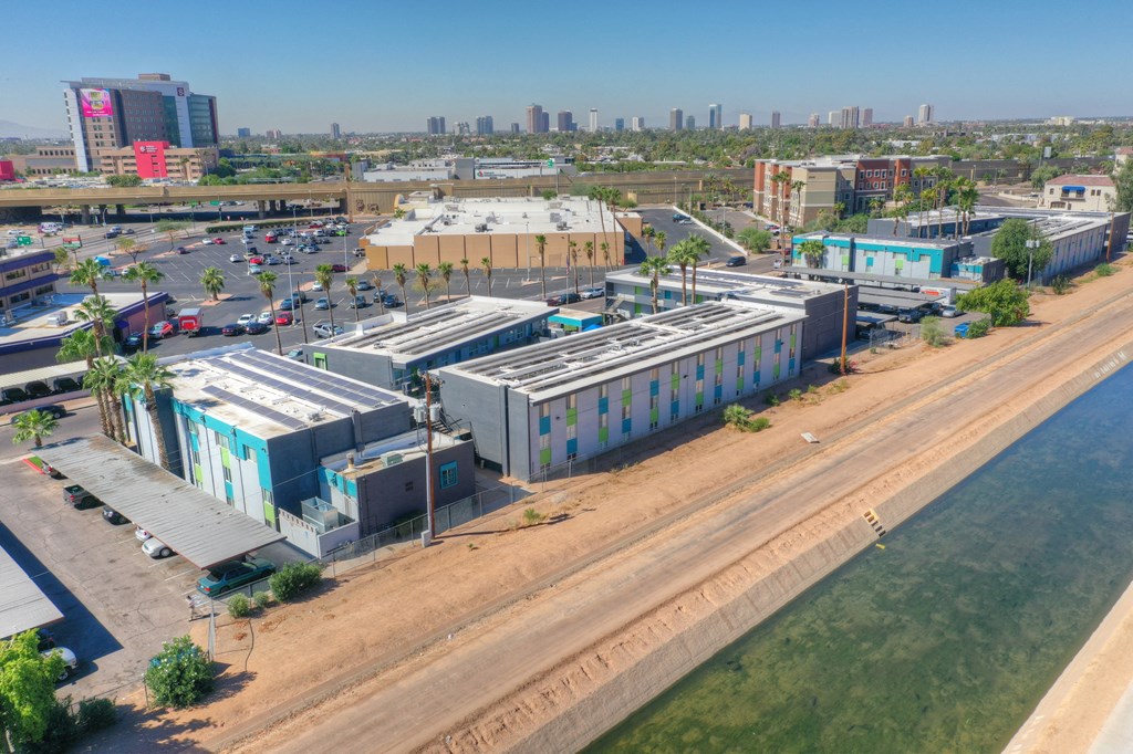Canal and exterior at Radius Apartments in Phoenix AZ Nov 2020