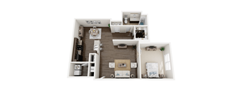 A top-down view of a modern apartment layout with a living room, kitchen, dining area, and bedrooms.