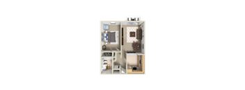 A dollhouse with a bedroom, living room, and kitchen.