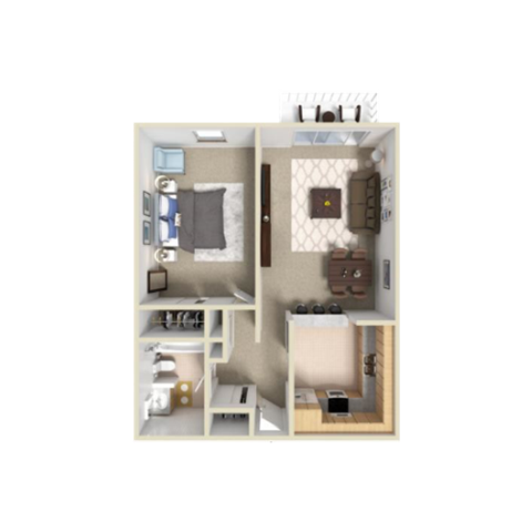 A dollhouse with a bedroom, living room, and kitchen.